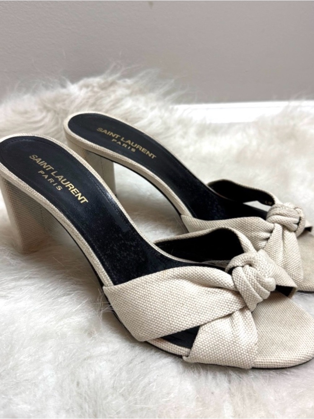 Saint Laurent Bianca Knot Tie Block Heel Slide on Sandals - Picture 5 of 10